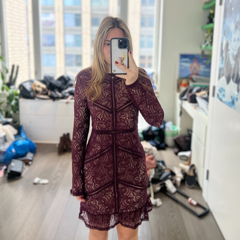 Bardot Maroon Embroidered Long-Sleeve Cocktail Dress – Size US 6 (AUS/UK 10)